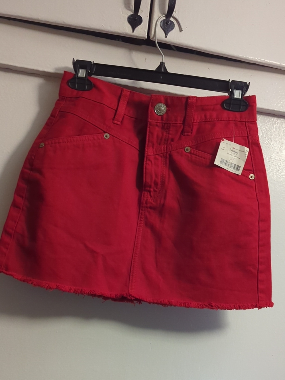 American Eagle High Rise Festival Denim Mini Skirt Red Raw Hem